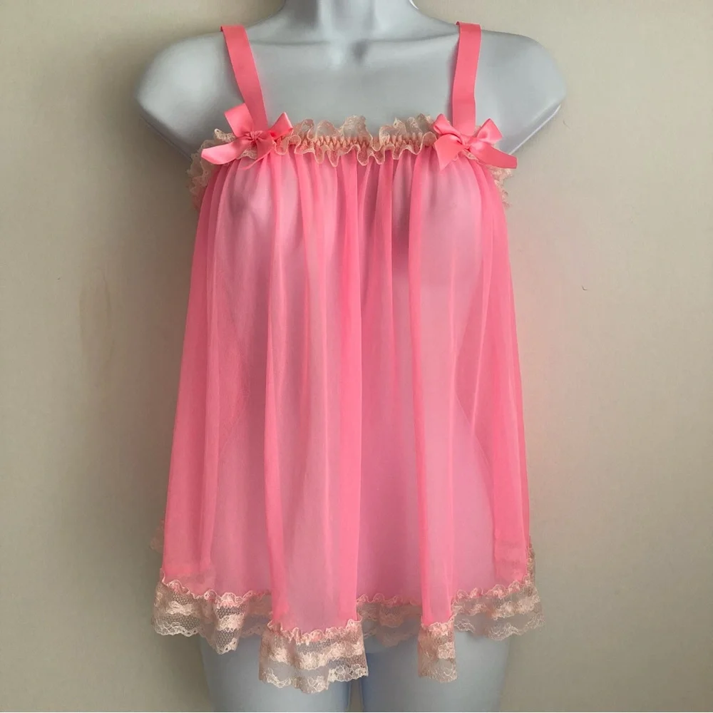 Victoria’s Secret Y2K Bubblegum Pink Sheer Frilly Babydoll Nightie Cami, NWT S